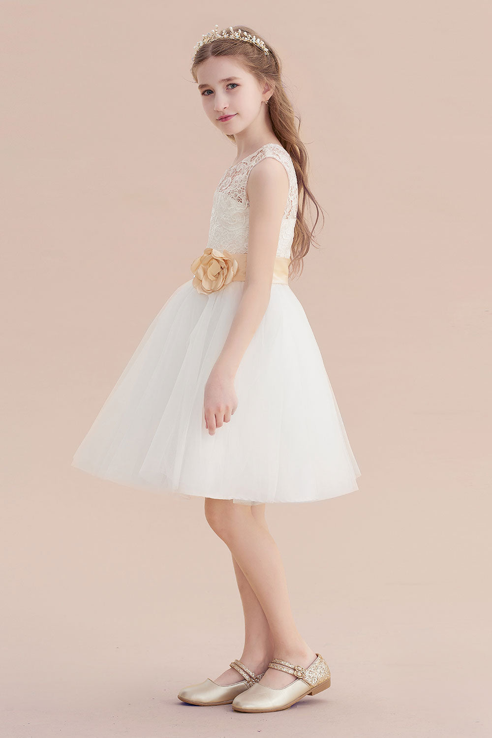 A-Line Lace Tulle Knee Length Dress Flower Girl Dress - Fashionpara