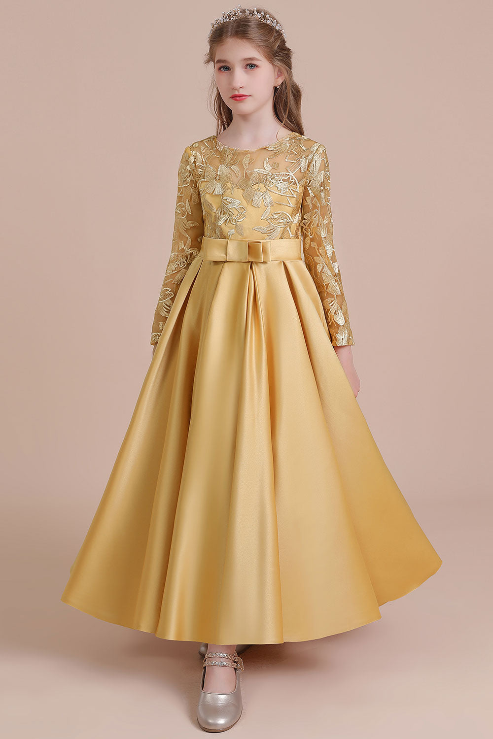 A-Line Long Sleeve Satin Ankle Length Flower Girl Dress - Fashionpara