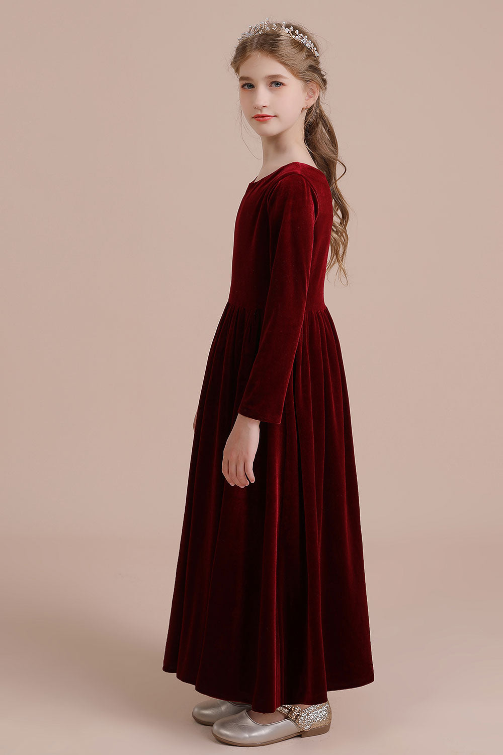A-Line Long Sleeve Velvet Flower Girl Dress On Sale - Fashionpara