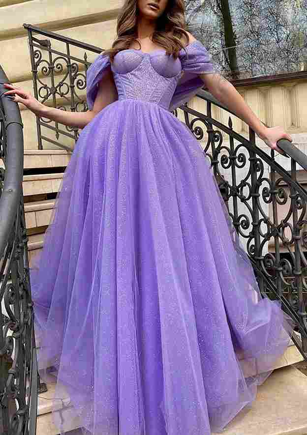 A-Line Off-the-Shoulder Sleeveless Court Train Glitter Tulle Prom Dress/Evening Dress With Split Pleated - Fashionpara