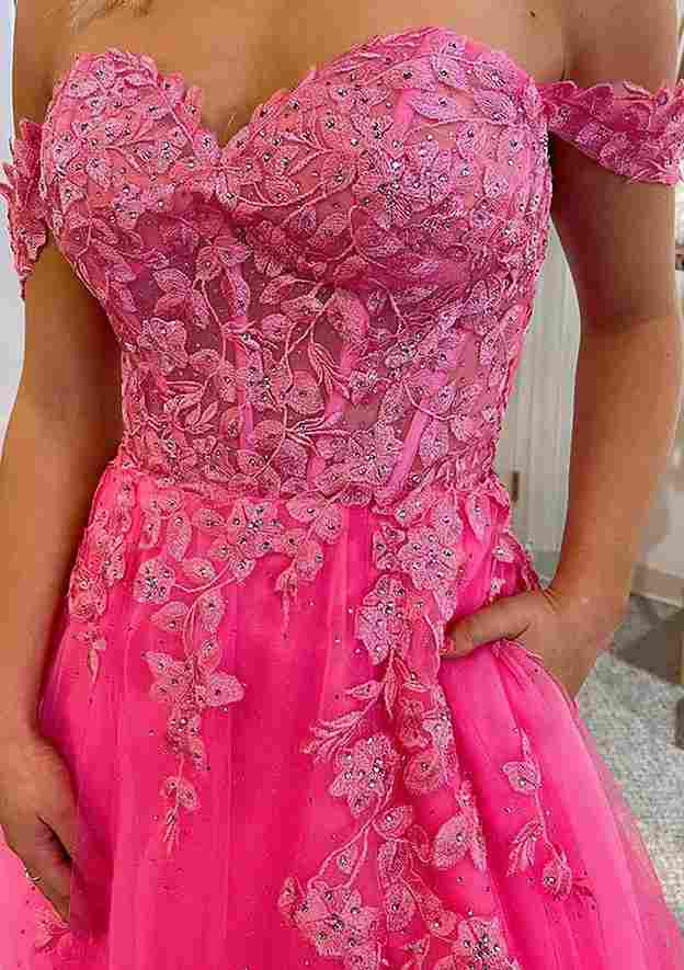 A-Line Off-the-Shoulder Sleeveless Court Train Laced Tulle Prom Dress/Evening Dress With Beading Pockets Split - Fashionpara