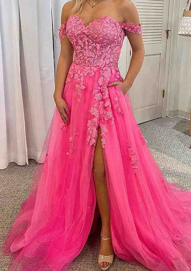 A-Line Off-the-Shoulder Sleeveless Court Train Laced Tulle Prom Dress/Evening Dress With Beading Pockets Split - Fashionpara