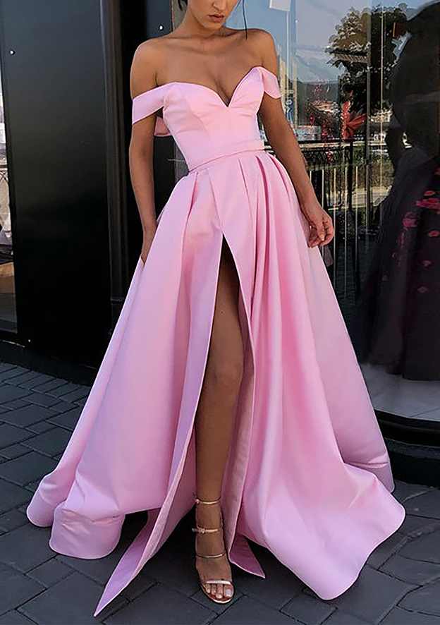 A-Line Off-the-Shoulder Strapless Long Satin Prom Dress/Evening Dress With Split - Fashionpara