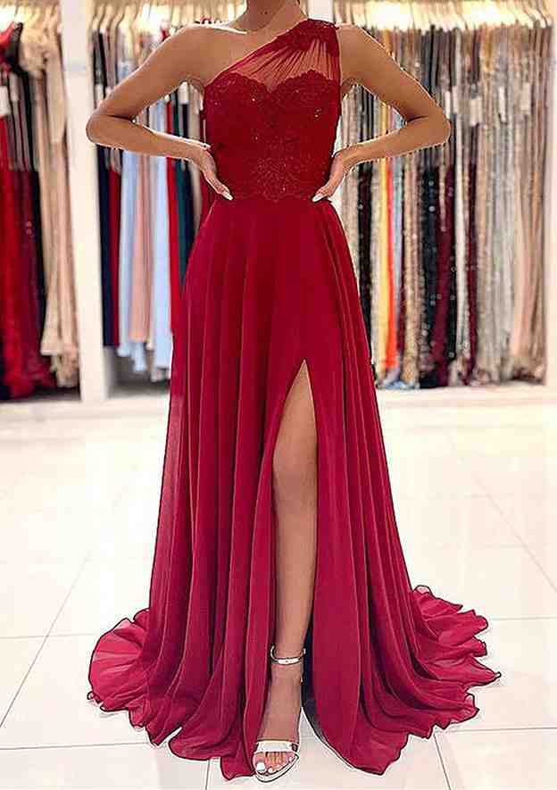 A-Line One-Shoulder Sleeveless Chiffon Sweep Train Prom Dress/Evening Dress With Appliqued Beading - Fashionpara