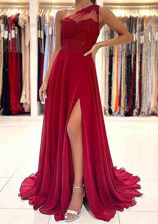 A-Line One-Shoulder Sleeveless Chiffon Sweep Train Prom Dress/Evening Dress With Appliqued Beading - Fashionpara