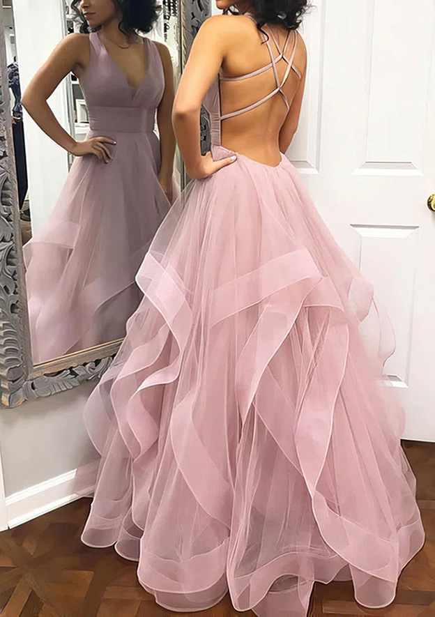 A-Line Princess V-Neck Sleeveless Tulle Long/Floor-Length Prom Dress/Evening Dress With Pleated Details - Fashionpara