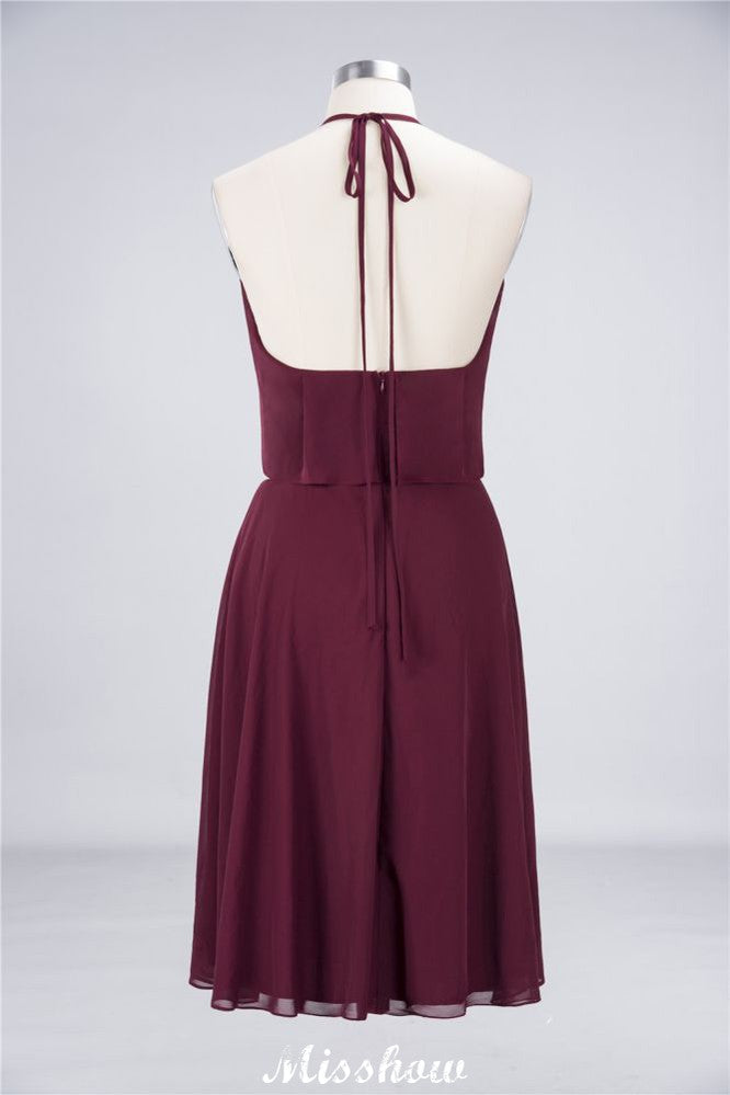 A-Line Ruffles Chiffon Halter Knee-Length Party Dress Simple Bridesmaid Dress