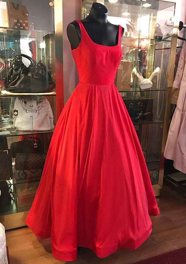 A-Line Square Neckline Regular Straps Long/Floor-Length Satin Prom Dress/Evening Dress - Fashionpara