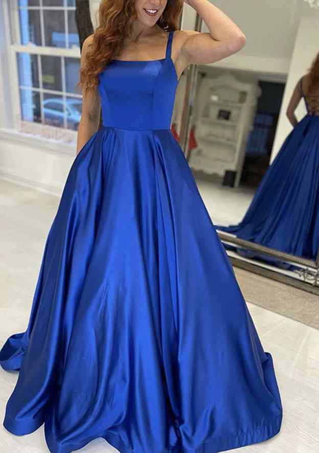 A-Line Square Neckline Satin Prom Dress/Evening Dress With Pockets and Sweep Train - Fashionpara