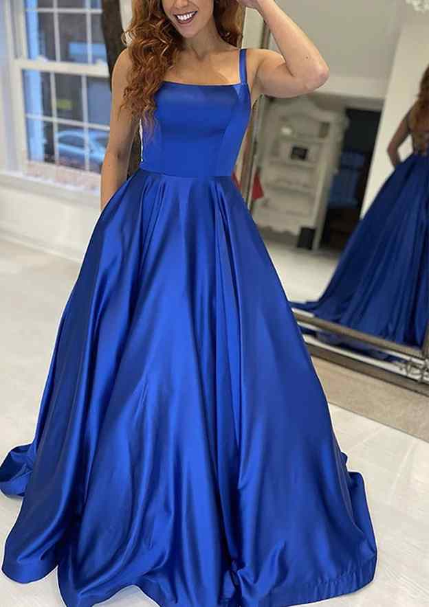 A-Line Square Neckline Satin Prom Dress/Evening Dress With Pockets and Sweep Train - Fashionpara