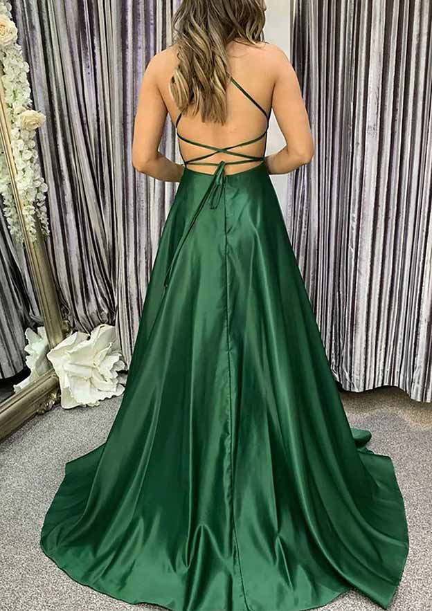 A-Line Square Neckline Spaghetti Straps Sweep Train Charmeuse Prom Dress/Evening Dress - Fashionpara