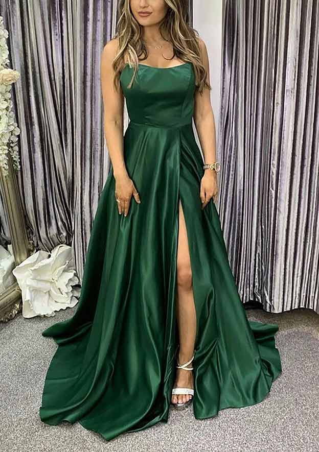 A-Line Square Neckline Spaghetti Straps Sweep Train Charmeuse Prom Dress/Evening Dress - Fashionpara