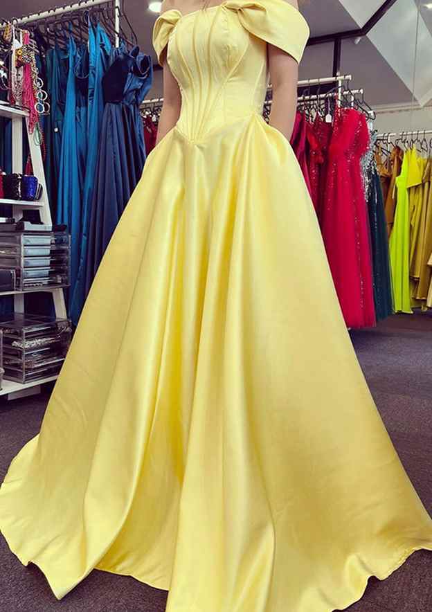 A-Line Strapless Satin Prom Dress/Evening Dress with Pleated Pockets - Fashionpara
