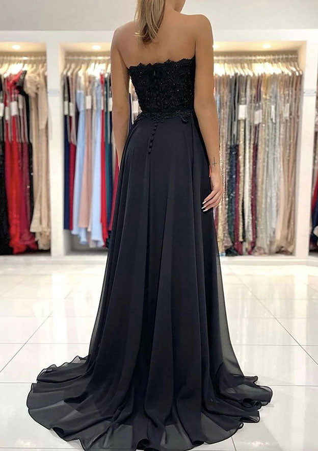 A-Line Sweetheart Chiffon Prom Dress/Evening Dress with Laced Beading Split and Sweep Train - Fashionpara