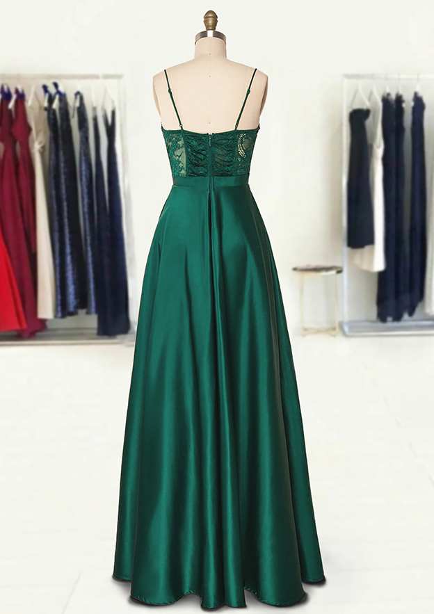 A-Line Sweetheart Spaghetti Straps Long/Floor-Length Satin Prom Dress/Evening Dress With Appliqued Pockets - Fashionpara