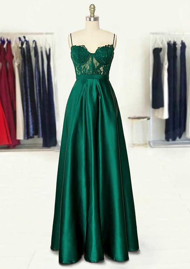 A-Line Sweetheart Spaghetti Straps Long/Floor-Length Satin Prom Dress/Evening Dress With Appliqued Pockets - Fashionpara