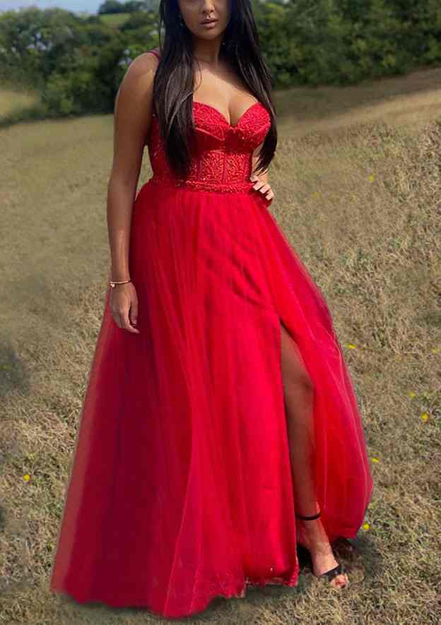 A-Line Sweetheart Spaghetti Straps Tulle Prom Dress/Evening Dress with Split Applique - Fashionpara