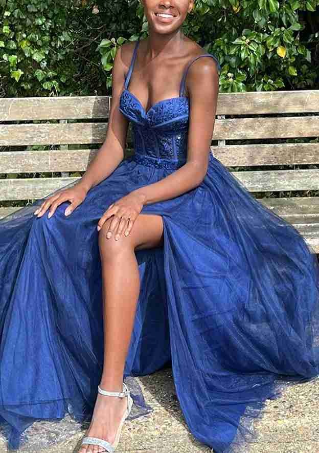 A-Line Sweetheart Spaghetti Straps Tulle Prom Dress/Evening Dress with Split Applique - Fashionpara