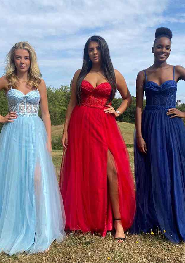A-Line Sweetheart Spaghetti Straps Tulle Prom Dress/Evening Dress with Split Applique - Fashionpara