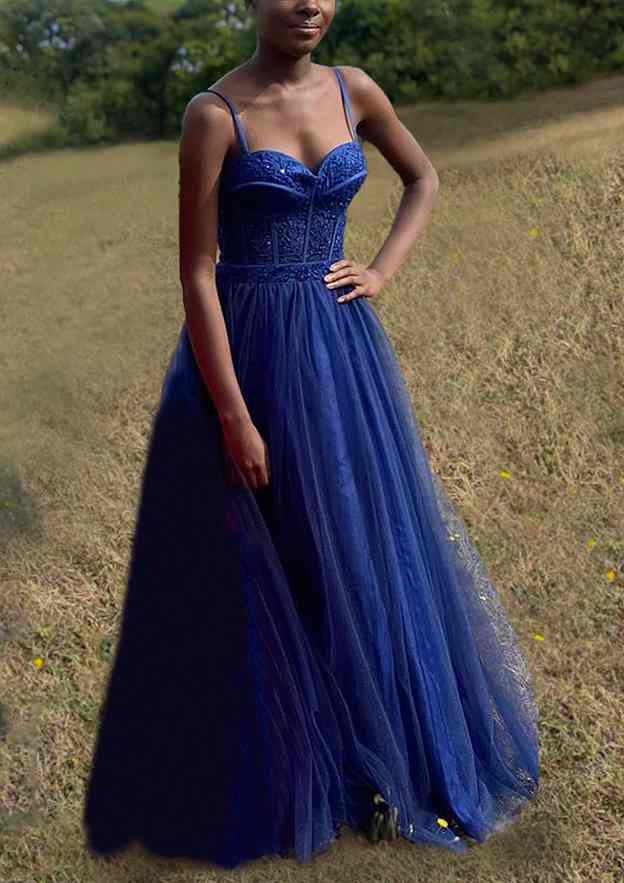 A-Line Sweetheart Spaghetti Straps Tulle Prom Dress/Evening Dress with Split Applique - Fashionpara