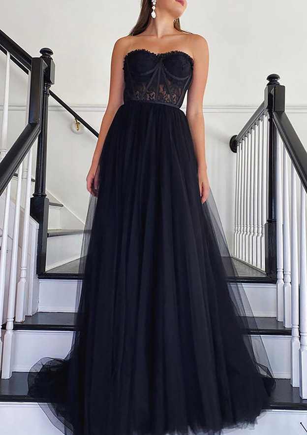 A-Line Sweetheart Strapless Tulle Prom Dress/Evening Dress With Appliqued Detail - Fashionpara