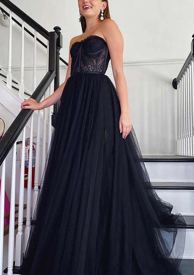 A-Line Sweetheart Strapless Tulle Prom Dress/Evening Dress With Appliqued Detail - Fashionpara