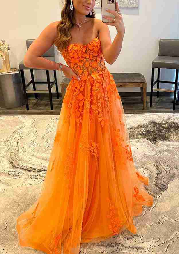 A-Line Sweetheart Strapless Tulle Prom Dress/Evening Dress With Appliqued for Long/Floor-Length Look - Fashionpara