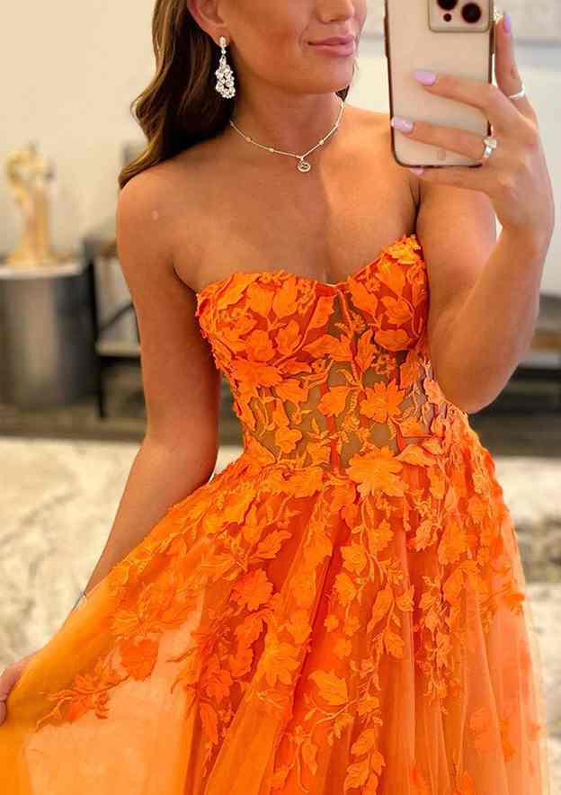 A-Line Sweetheart Strapless Tulle Prom Dress/Evening Dress With Appliqued for Long/Floor-Length Look - Fashionpara