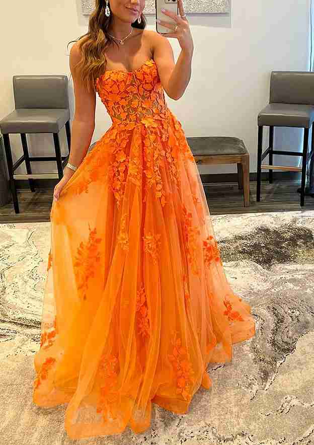 A-Line Sweetheart Strapless Tulle Prom Dress/Evening Dress With Appliqued for Long/Floor-Length Look - Fashionpara