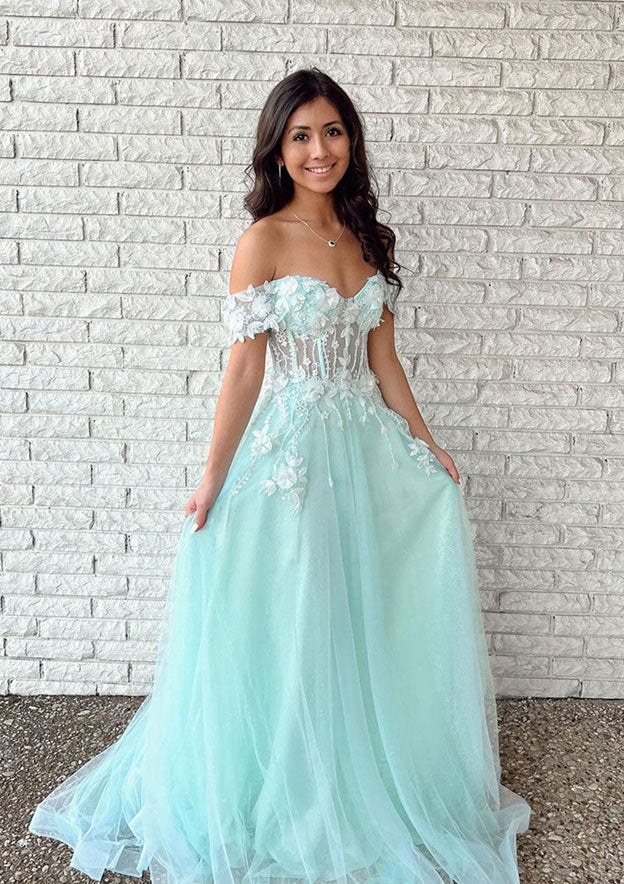 A-Line Tulle Prom Dress/Evening Dress with Laced Appliqu¨¦ - Off-the-Shoulder Long/Floor-Length - Fashionpara