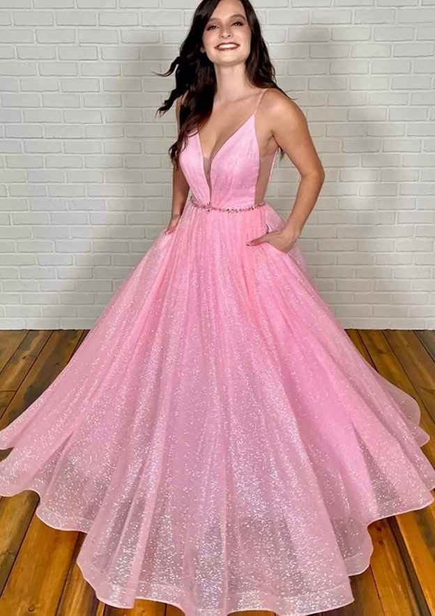 A-Line V-Neck Glitter Prom Dress/Evening Dress with Beading Pockets and Sleeveless Floor-Length Tulle Design - Fashionpara
