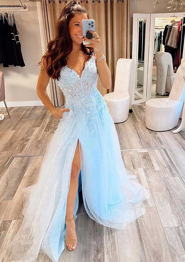 A-Line V-Neck Prom Dress/Evening Dress with Glitter Split Appliques and Tulle Sweep Train - Fashionpara