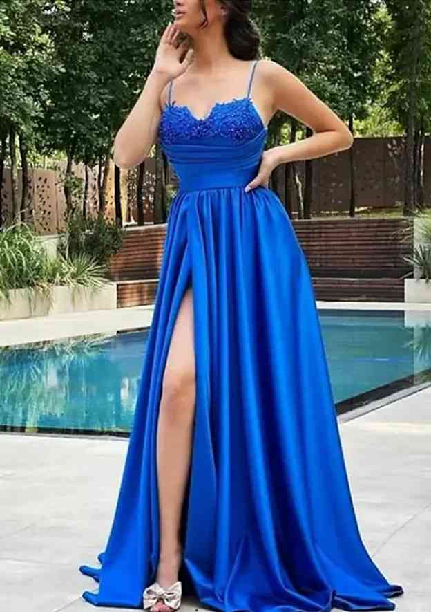 A-Line V-Neck Satin Prom Dress/Evening Dress With Beading Pleats and Split - Fashionpara