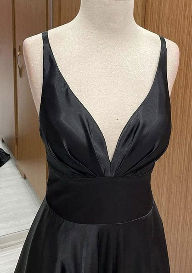 A-Line V-Neck Satin Prom Dress/Evening Dress with Pleated Sweep Train - Fashionpara