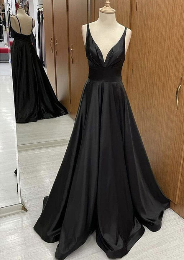A-Line V-Neck Satin Prom Dress/Evening Dress with Pleated Sweep Train - Fashionpara