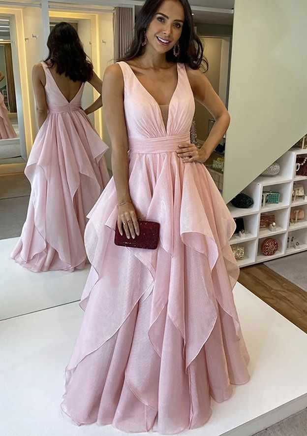 A-Line V-Neck Sleeveless Chiffon Long Prom Dress/Evening Dress with Pleated Skirt - Fashionpara