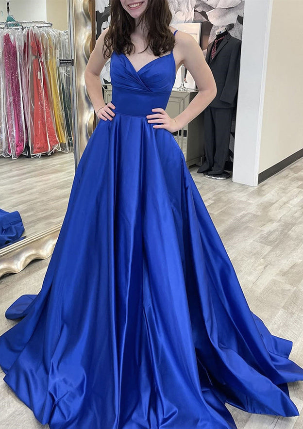 A-Line V-Neck Sleeveless Court Train Satin Prom Dress/Evening Dress with Bowknot Pleated Waistband - Fashionpara