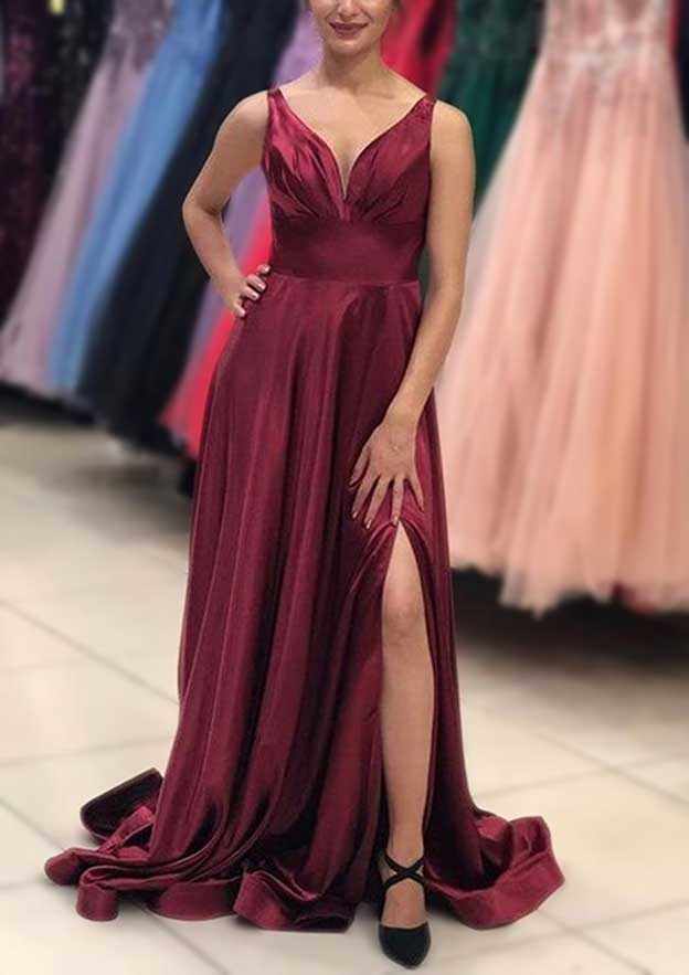 A-Line V-Neck Sleeveless Satin Sweep Train Prom Dress/Evening Dress With Pleated Detail - Fashionpara