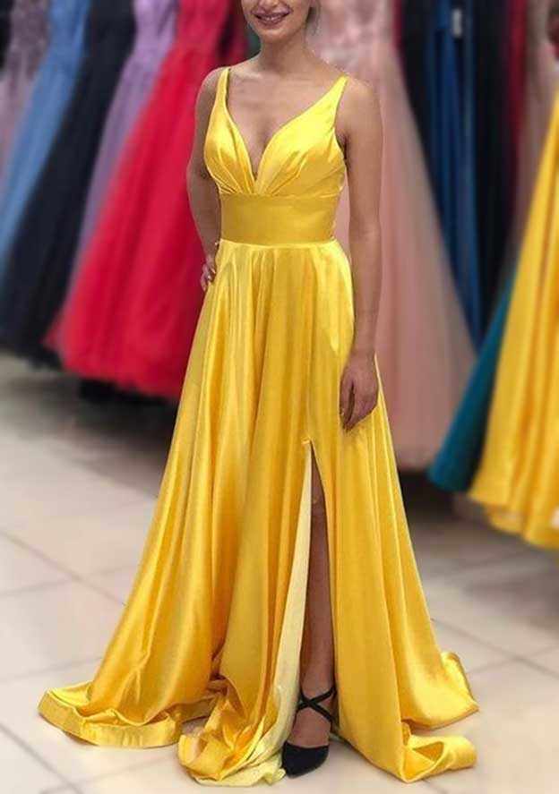 A-Line V-Neck Sleeveless Satin Sweep Train Prom Dress/Evening Dress With Pleated Detail - Fashionpara