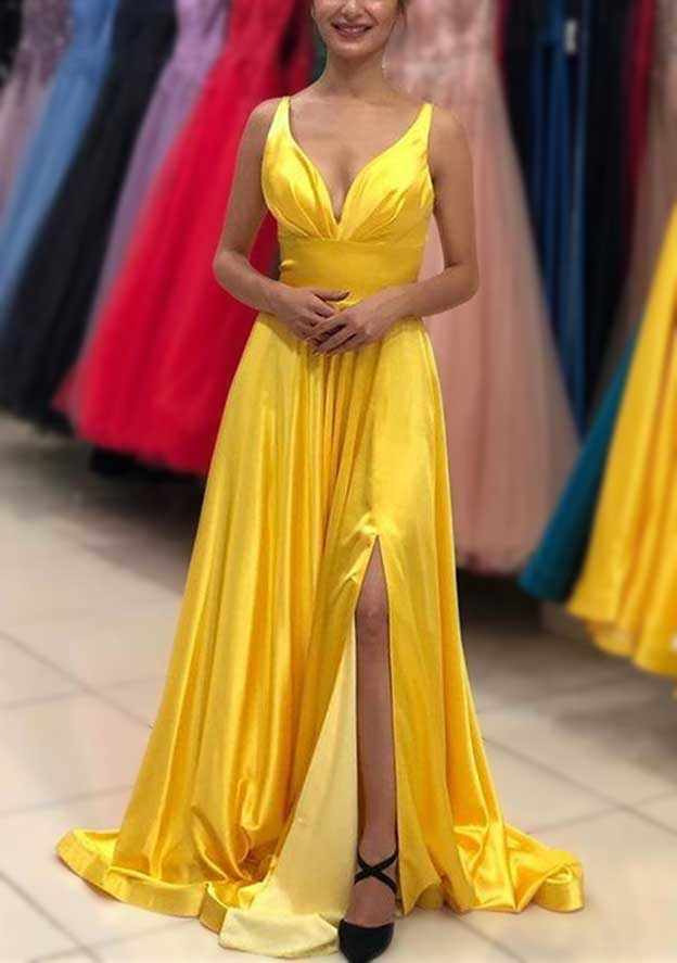 A-Line V-Neck Sleeveless Satin Sweep Train Prom Dress/Evening Dress With Pleated Detail - Fashionpara