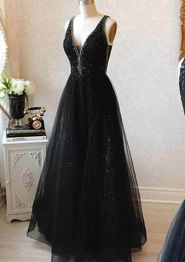 A-Line V-Neck Sleeveless Tulle Prom Dress/Evening Dress with Beading Appliqued for Long/Floor-Length Look - Fashionpara