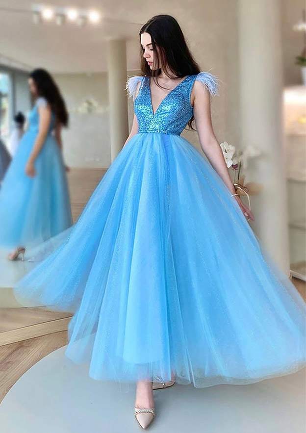 A-Line V-Neck Sleeveless Tulle Prom Dress/Evening Dress With Sequins Feather - Fashionpara