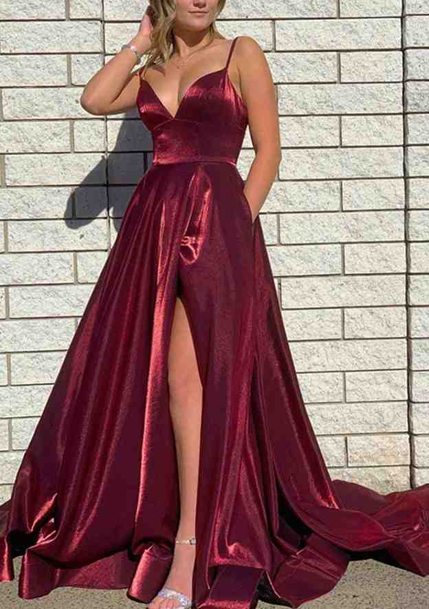 A-Line V-Neck Spaghetti Straps Court Train Satin Organza Prom Dress/Evening Dress With Pockets and Split - Fashionpara