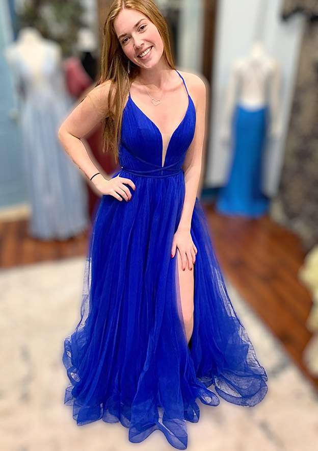A-Line V-Neck Spaghetti Straps Court Train Tulle Prom Dress/Evening Dress With Split - Fashionpara