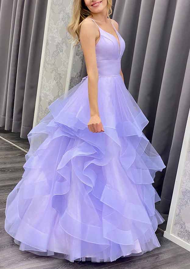 A-Line V-Neck Spaghetti Straps Long Prom Dress/Evening Dress with Ruffles in Organza - Fashionpara