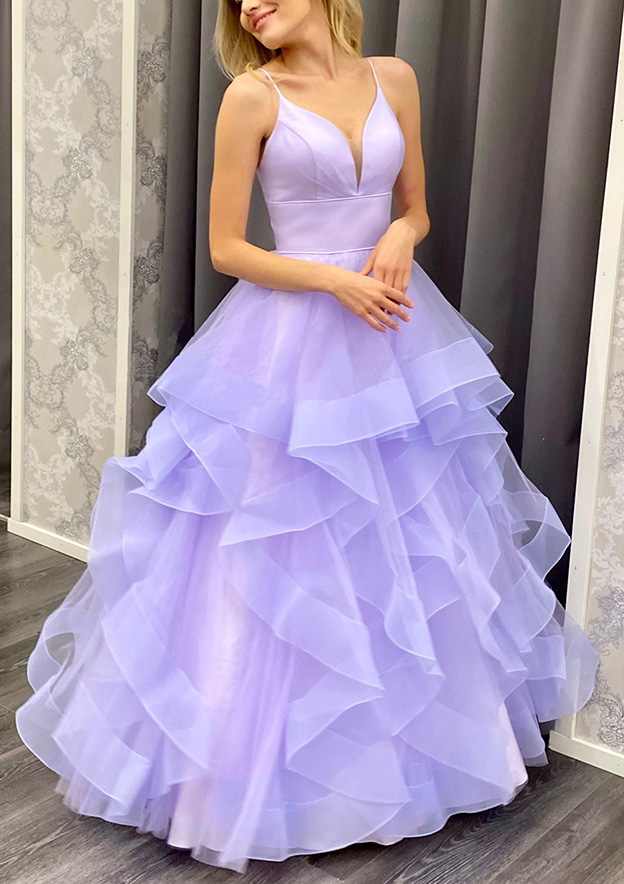 A-Line V-Neck Spaghetti Straps Long Prom Dress/Evening Dress with Ruffles in Organza - Fashionpara