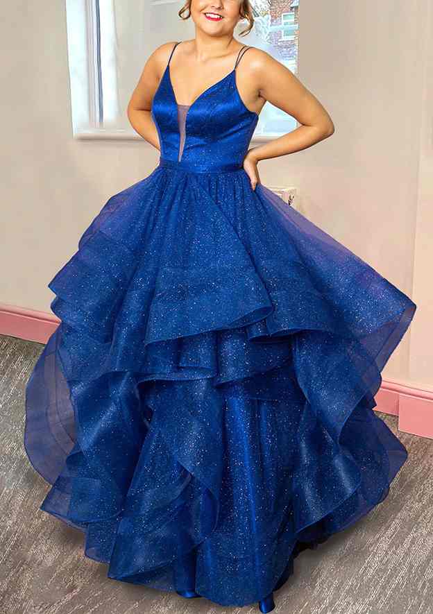 A-Line V-Neck Spaghetti Straps Long/Floor-Length Glitter Beaded Organza Prom Dress/Evening Dress With Ruffles - Fashionpara