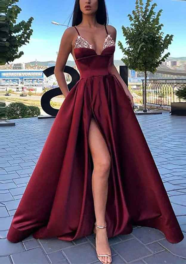 A-Line V-Neck Spaghetti Straps Long/Floor-Length Satin Prom Dress/Evening Dress with Split Pockets and Beading - Fashionpara
