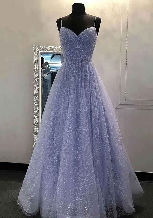 A-Line V-Neck Spaghetti Straps Tulle Prom Dress/Evening Dress With Beading Sequins - Fashionpara