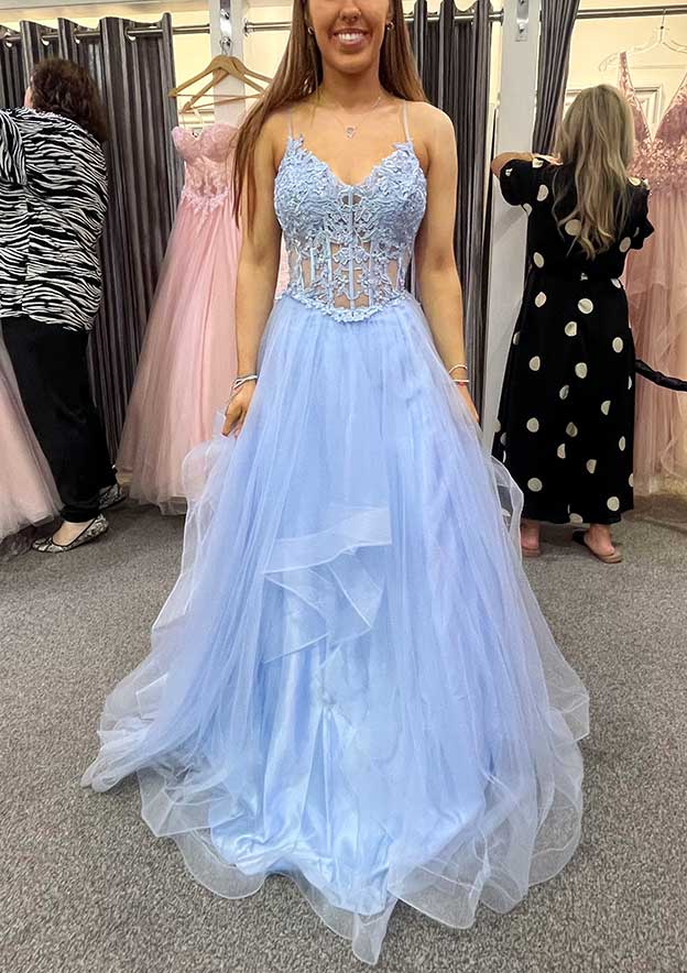 A-Line V-Neck Tulle Charmeuse Prom Dress/Evening Dress with Appliqued Laced - Fashionpara